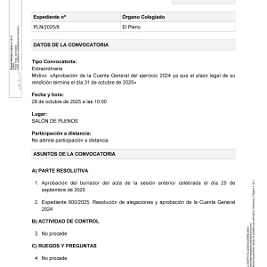 Convocatoria a Pleno sesión extraordinaria, martes 28 de octubre a las 10:00 h